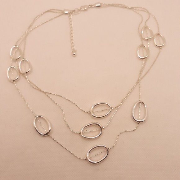 Three Strand Silver Tone Modernist Ovals Layered Necklace - Picture 1 of 5